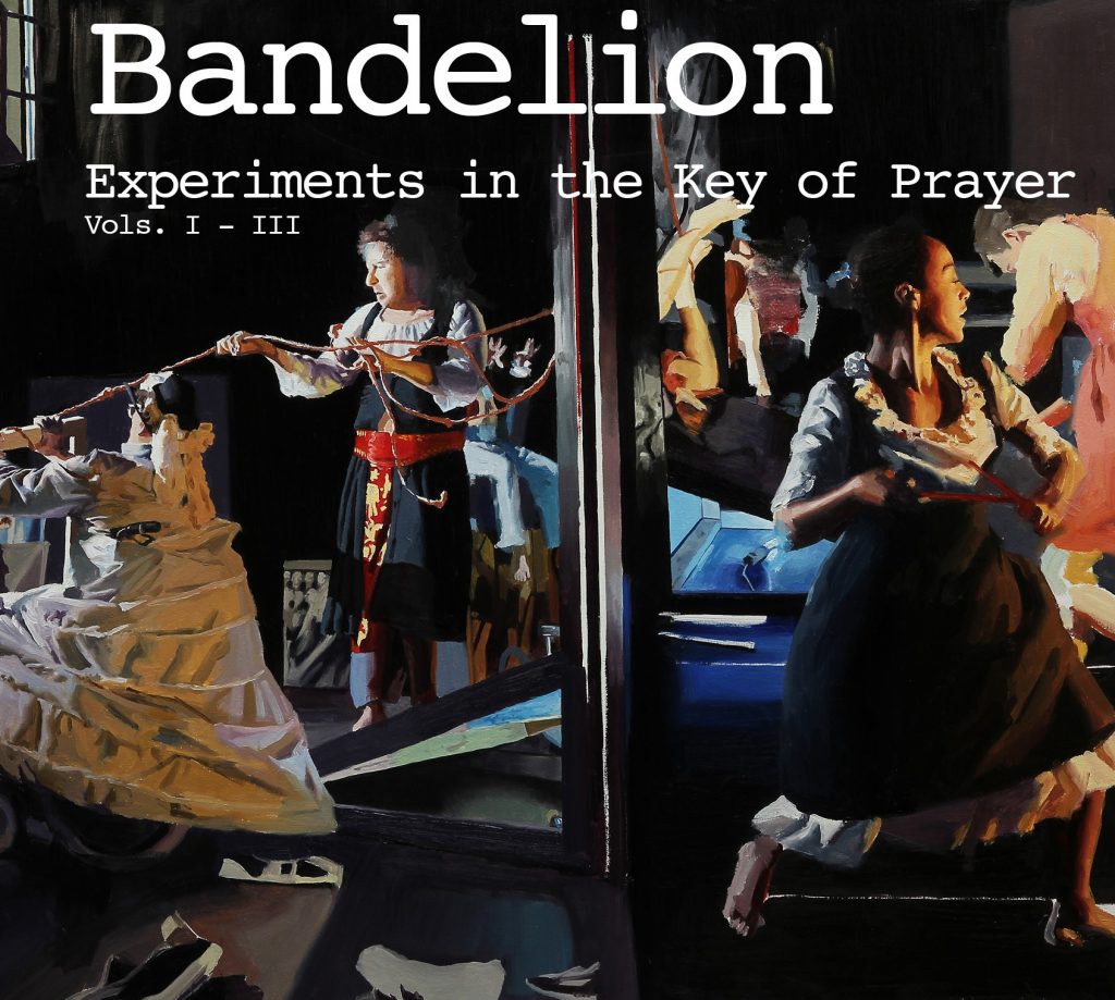 Bandelion's album cover for Experiments in the Key of Prayer, Vols. 1 - 3, painting of Bandelion by Adam Caldwell